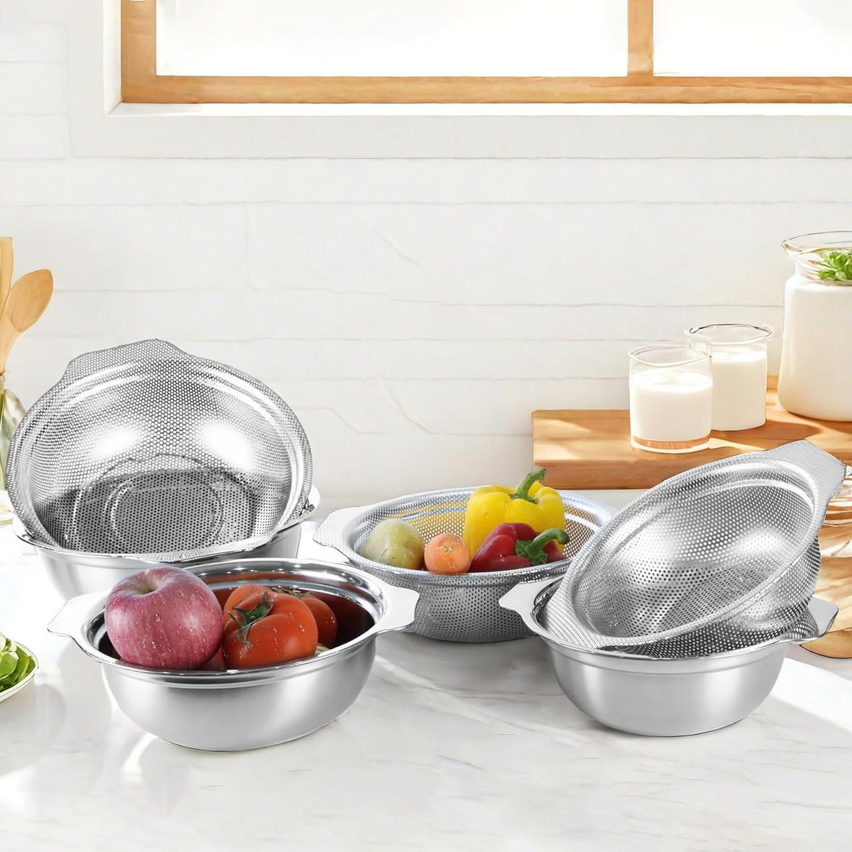 Extra Large 5.5QT Stainless Steel Colander, Large Capacity Rice Colander with Mixing Bowl, Rice Strainer for Vegetables, Fruit, Spaghetti, Pasta Strainer, Dishwasher Safe(2PC)