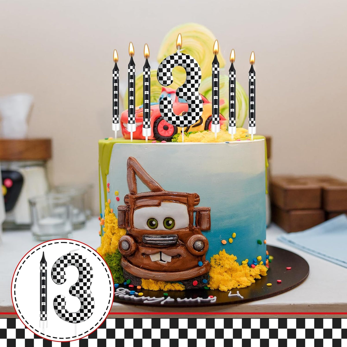 13 Pcs Racing Cars Themed Birthday Candles Black and White Race Number 3 Checkered Candle Cake Topper for Racing Car Party Decoration Supplies (Number 3)