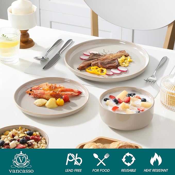 vancasso PLAYA Ceramic Plates and Bowls Sets,18 Pieces Grey Dinnerware Sets for Kitchen,Reactive Glaze Dishes Set for 6, Dishwasher and Microwave Safe
