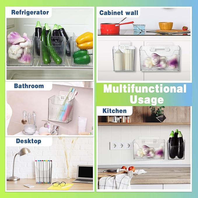 8 Pcs Storage Organizer Bins Wall Mounted Organizer Basket Plastic Cabinet Door Bins Stackable Hanging Baskets for Organizing for Wall Refrigerator Kitchen Bathroom Pantry(3.94'',Clear)