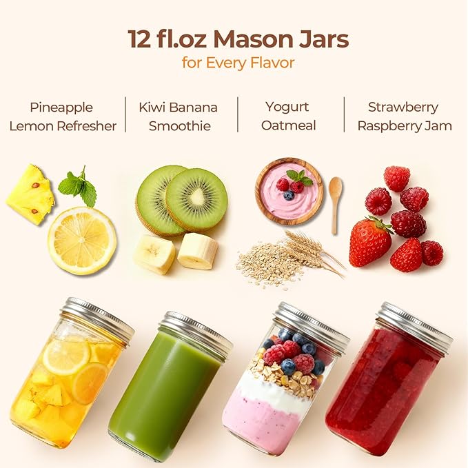 ComSaf 12 oz Mason Jars with Lids 6 Pcs, Regular Mouth Canning Jars with Seal Bands, 12 oz Glass Jar with lid for Soft Drinks, Juice, Jam, Jelly, Sauce, Dessert, Overnight Oats, Pickles
