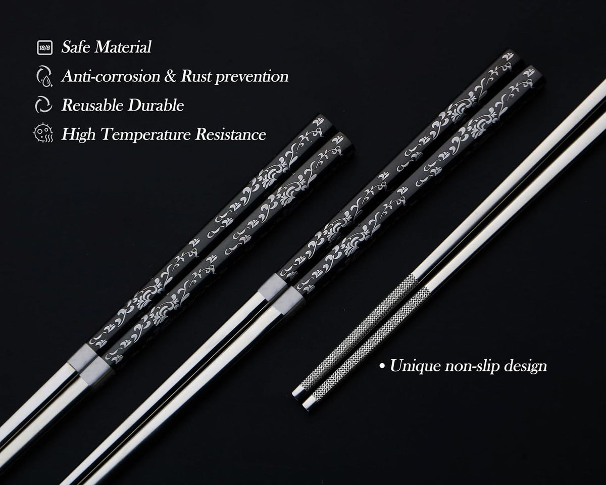 Stainless Steel Chopsticks With Case - Titanium Plated, Reusable, Non-slip, Engraved, Dishwasher Safe - 5 Pairs Set (BJ-Black05)