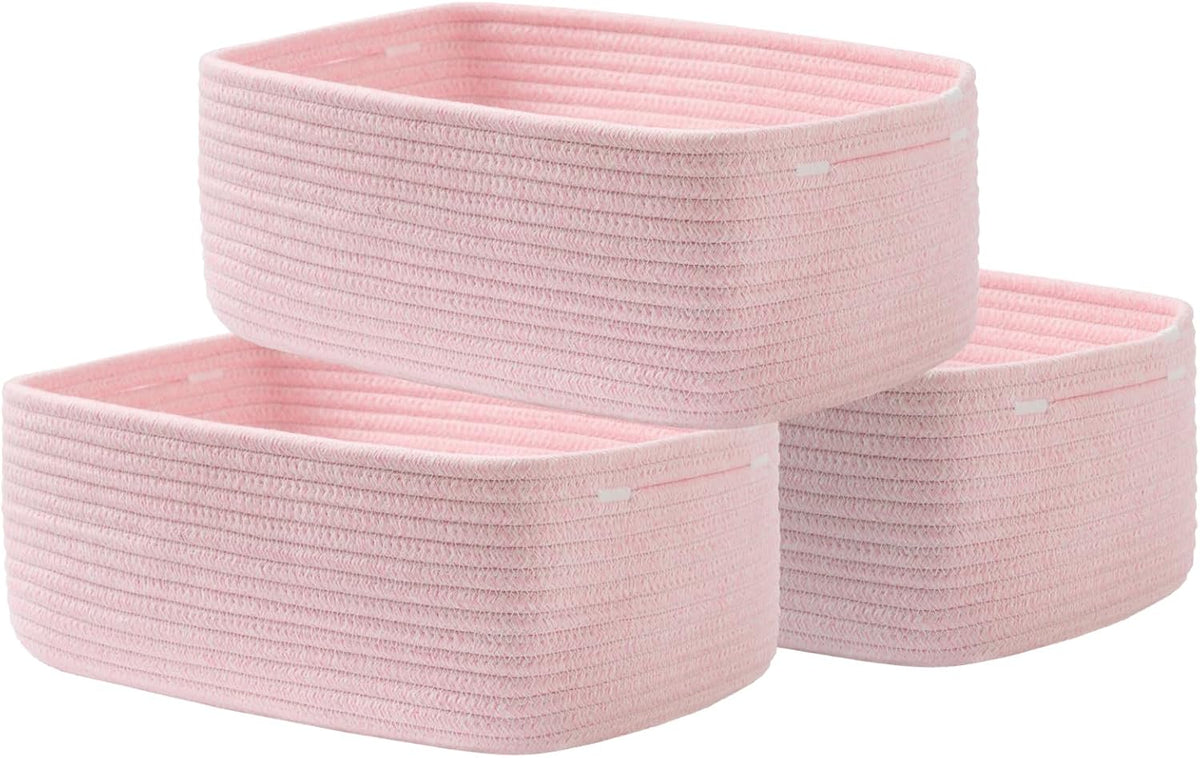 Small Woven Basket, 13.5 x 9.5 x 5 Inches, Storage Basket for Organizing, Cute Small Rope Shelf Closet Cube Storage Bins Baskets for Shelves, Dog Toy Gift Baskets Empty, 3 Pack Light Pink