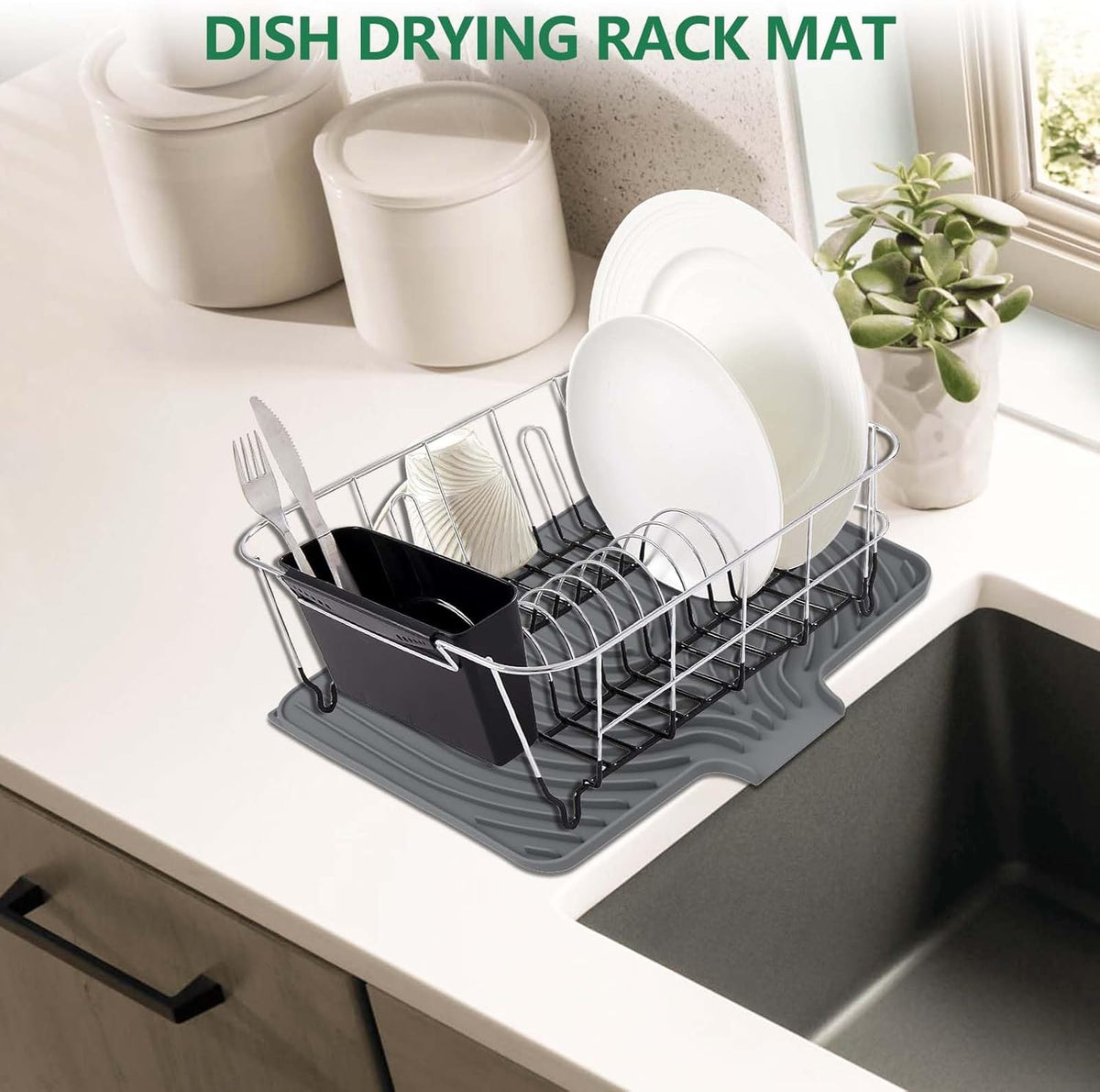 GUUKIN Dish Drying Mat, 14.7"x10.2" Drying Matt Kitchen Counter, Non-Slip Drying Pad, Easy Clean Pad for Countertop Protection, Multi-Functional Use (Grey)