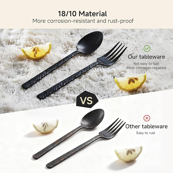 KINGSTONE 30 Pcs Black Hammered Silverware Set for 6, 18/10 Stainless Steel Heavy Duty Flatware Set, Tableware Cutlery Utensil Sets for Home Restaurant Dishwasher Safe