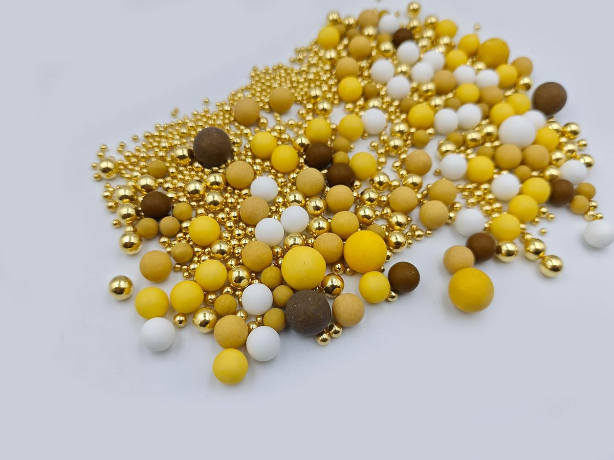 Mixed Edible Pearl Sugar Sprinkles, 4.6 oz Candy Pearls Ideal for Baking, Cake and Cupcake Toppers, Cookie Decoration, Ice Cream Topping (Coffee&Yellow&White&Gold)