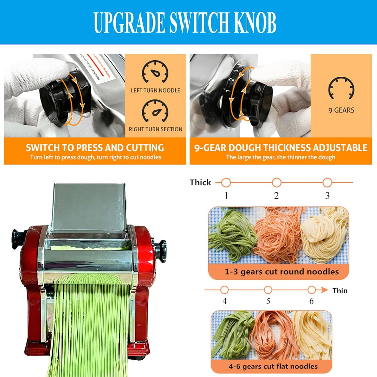 XINGYUEXUAN Electric Pasta Maker Noodle Machine with 1 Blades of 2.5 mm Round, 9 Gear Thickness Adjustment 0.3-4 mm for Pasta Noodle Dumpling (red)