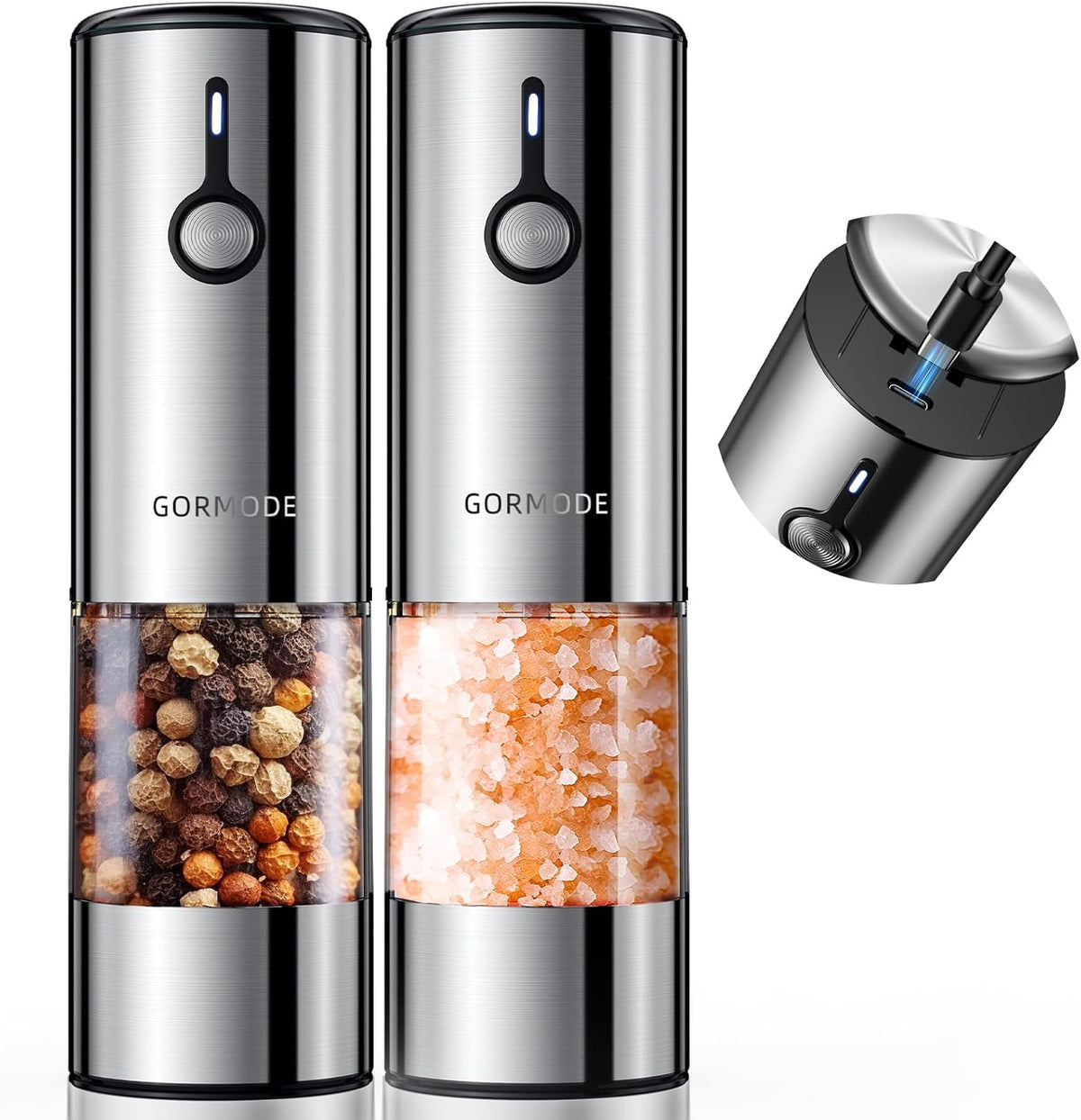 Electric Pepper Grinder and Salt Mill Set - Large Capacity USB Rechargeable Automatic Grinder with Dual LED Lights, One-Handed Operation & Slide Cover - Brushed Stainless Steel