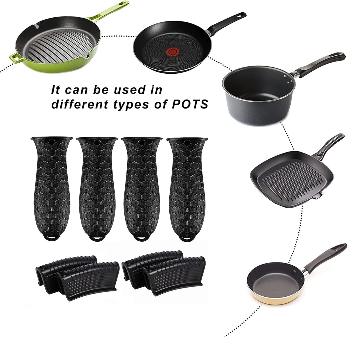 8 Pcs Non-Slip Silicone Hot Handle Holder & Assist Grips, Potholder for Cast Iron Skillets, Heat Resistant Handle Cover Sleeve for Frying Pans, Casserole, Cookware Handles, Black
