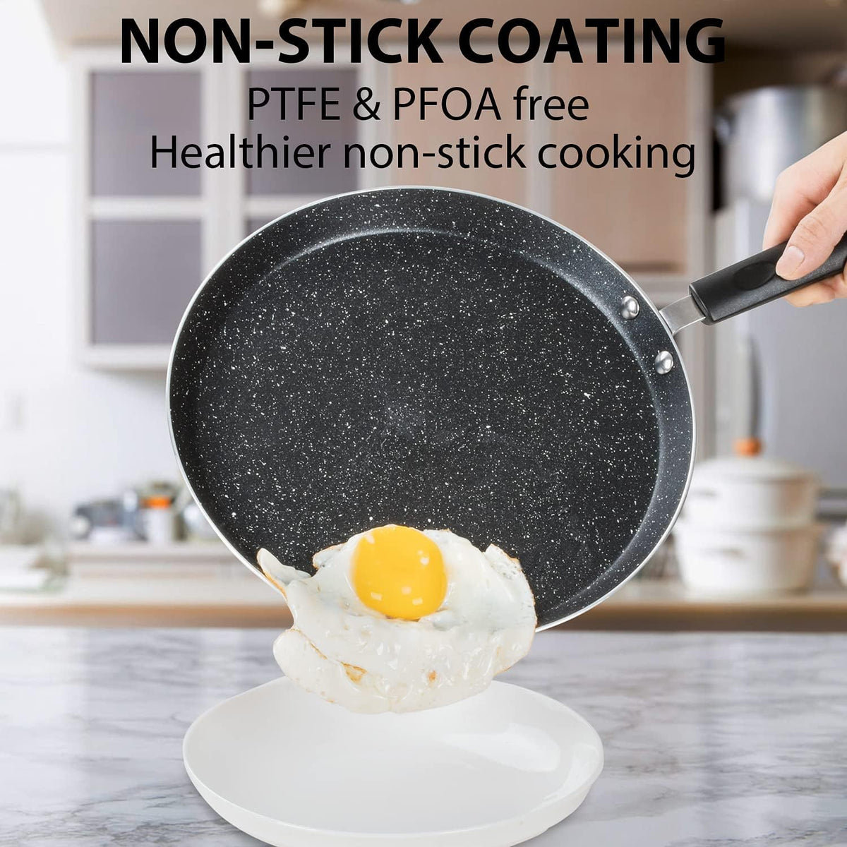 Buecmue 10.5 Inch Nonstick Crepe Pan with Spreader, Granite Coating Skillet Pan for Roti Egg Omelet Tortilla Tawa Dosa, Flat Frying Pan, Induction Compatible PFOA & PTFEs Free