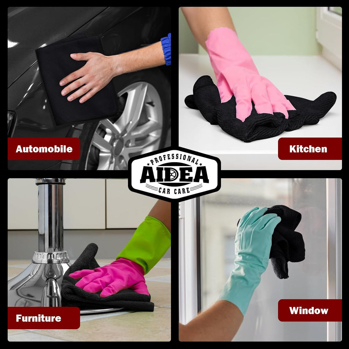 AIDEA Microfiber Cleaning Cloth Black 20PK, Microfiber Towels for Cars, Premium Car Cloth, Dusting Cloth Lint Free Cleaning Rags for SUVs, House, Kitchen, Window, Workshops,12×12"