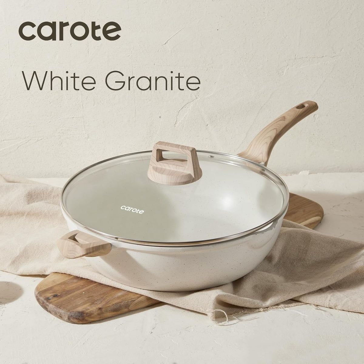 CAROTE 12.5Inch Nonstick Deep Frying Pan with Lid, 6.5 Qt Jumbo Cooker Saute Pan with Pour Spout, Skillet Induction Cookware, Non Stick Cooking Pan Kitchen Pan PFOA Free, White Granite