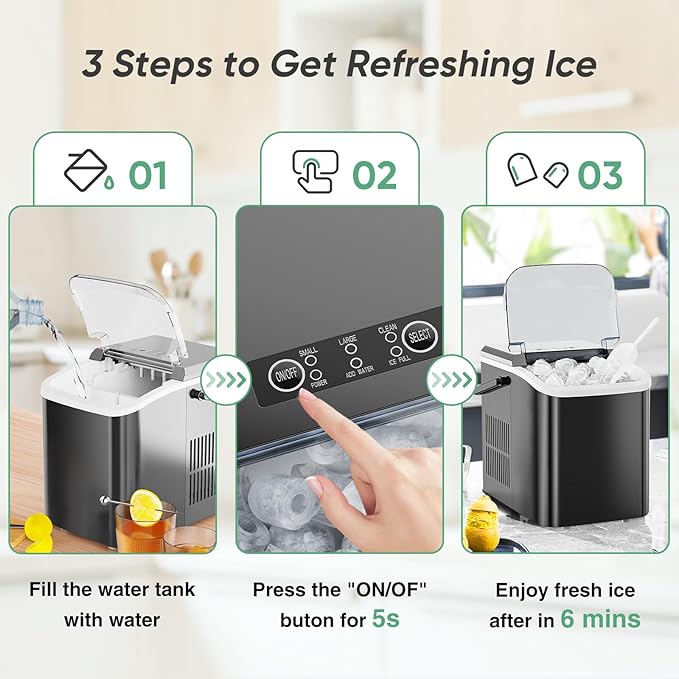 DUMOS Countertop Ice Maker with Handle, 26lbs/24H Portable Ice Machine, 9 Bullet Cubes Ready in 6 Mins, Self-Cleaning, Quiet Compact for Home, Kitchen, RV, Camping, Bright Black