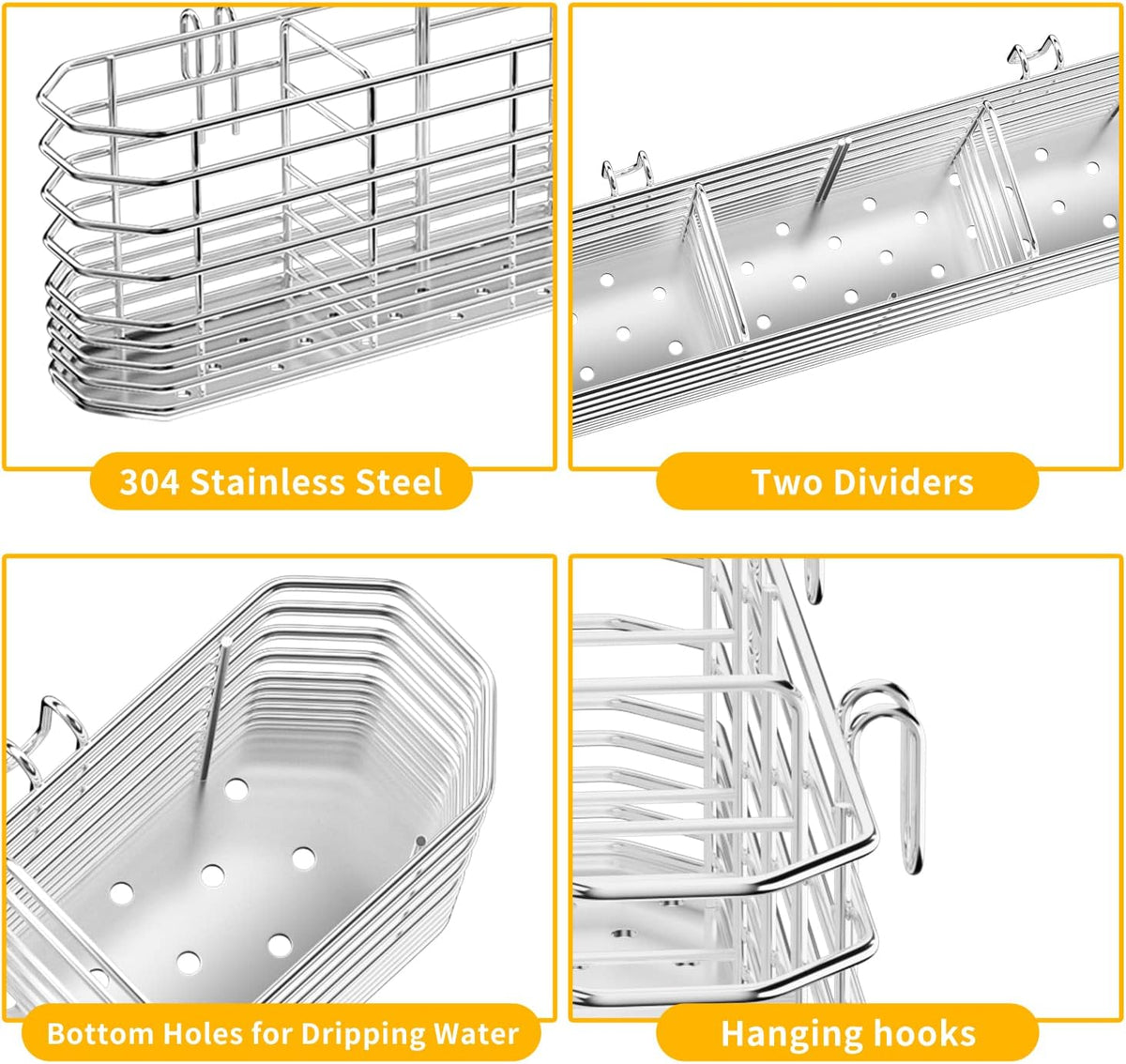 JAQ Utensil Holder for Sink, Sus304 Stainless Steel Rust Free Silverware Cutlery Flatware Holder Rack Organizer with Hooks for Dish Drying Rack Sink Dish Drainer in Kitchen Bathroom