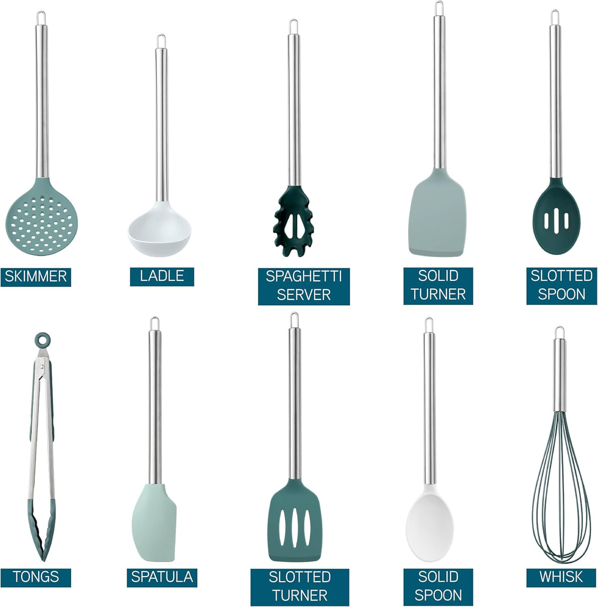 COOK WITH COLOR Silicone Cooking Utensils, Kitchen Utensil Set, Easy to Clean Silicone Kitchen Utensils, Cooking Utensils for Nonstick Cookware, Kitchen Gadgets Set, 10 Pieces, Teal