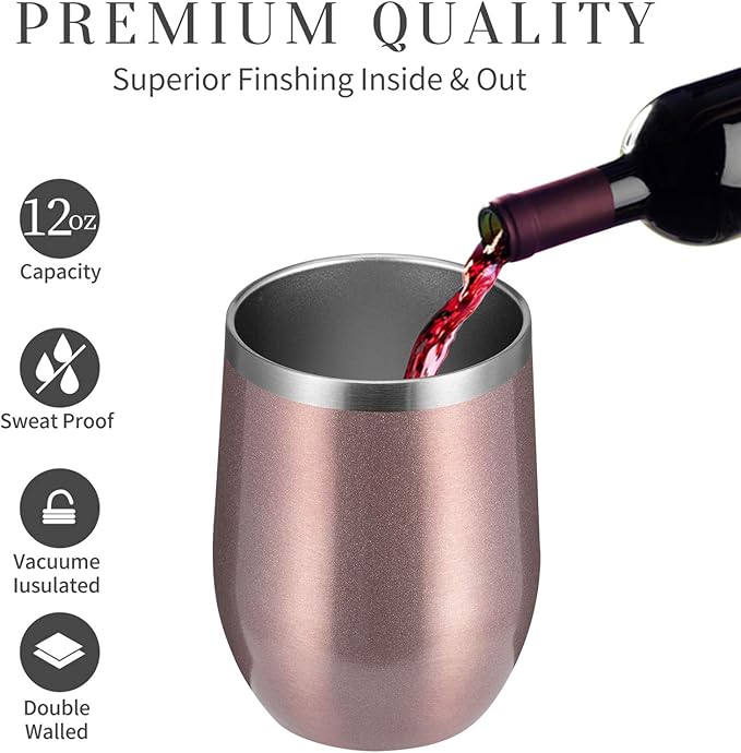 MEWAY 12oz/8 Pack Wine Tumbler Glasses with Lid - Stemless Double Wall Vacuum Stainless Steel Travel Tumbler - Keeping Cold & Hot for Wine,Coffee,Cocktails,Drinks (Rose gold,Set of 8)