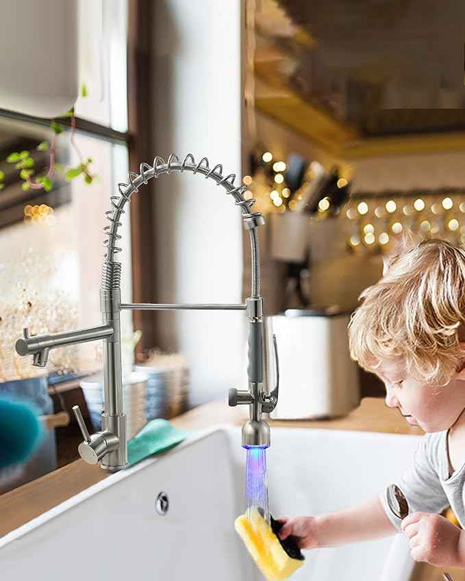 Fapully Commercial Single Handle Pull Down Sprayer Brushed Nickel Kitchen Faucet, Kitchen Sink Faucet with LED Light