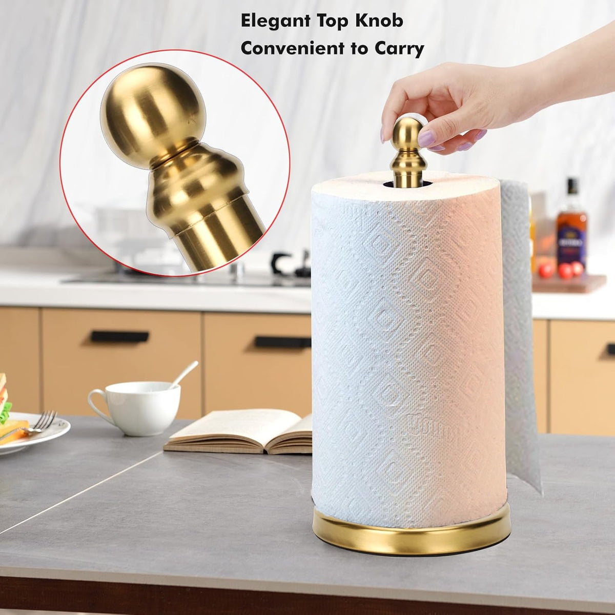 Gold Paper Towel Holder Countertop with Weighted Stainless Steel Base, One-Handed Design No Tipping Over, Standing Paper Towel Holder Standing in Brushed Gold Finish
