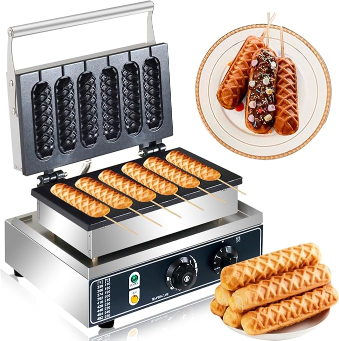Commercial Corn Dog Waffle Maker,1600W Lolly Stick Waffle Maker,6 Slice Non-Stick,Stainless Steel Corn Hot Dog Waffle Iron with Temp and Time Control, for Restaurant Bakery Snack Bar Family.