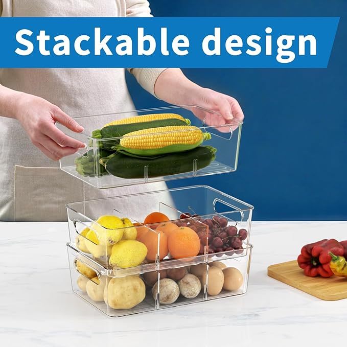 4 Pack Clear Pantry Organizers and Storage Bins with Divider, Transparent Plastic Basket, Refrigerator and Fridge Bins