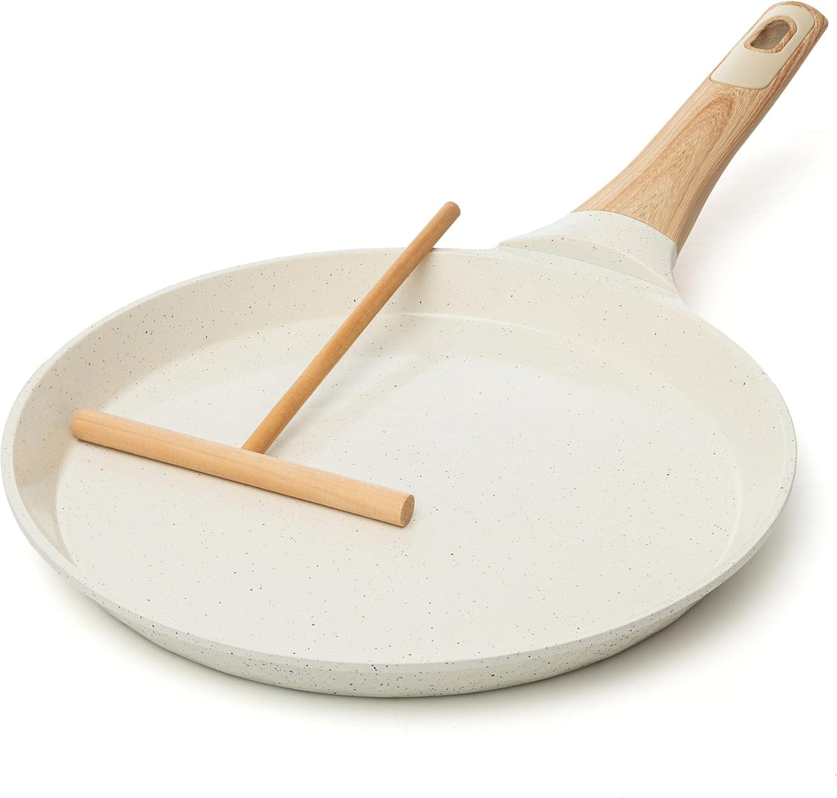 Moss & Stone 9.5 Inch Nonstick Crepe Pan with Spreader, Dosa Pan for Roti Dosa Tawa Comal Para Tortillas, Ceramic Flat Skillet Pan Induction Compatible, Pancake Pan for Stove Top - White