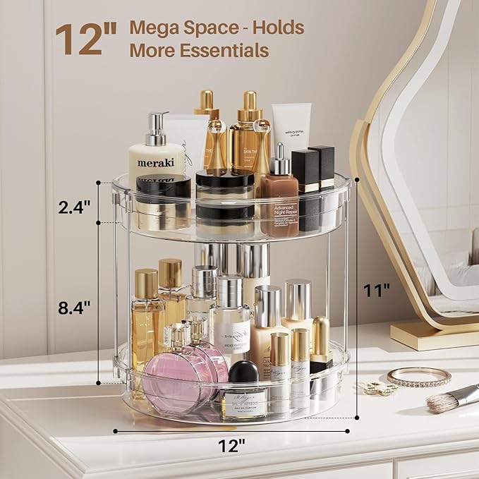 LAMU 12inch 2 Tier Lazy Susan Turntable Organizer Rotating Spice Rack Organization for Cabinet, Kitchen, Pantry, Countertop, Bathroom, Vanity, Medicine Cabinet Organizer, Clear