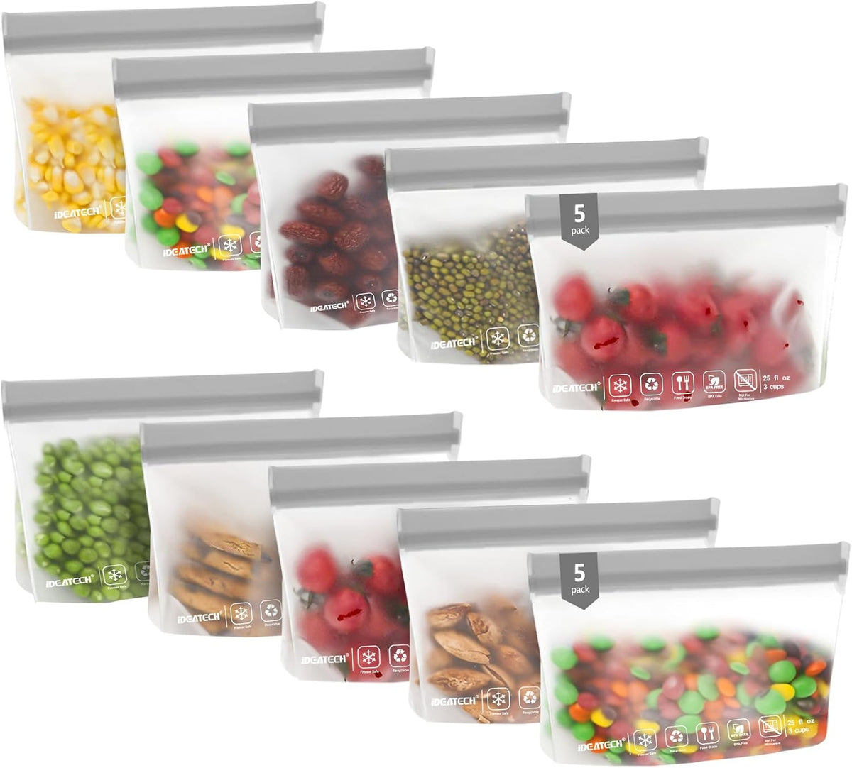 IDEATECH 10Pack Reusable Snack Bags Dishwasher Safe, BPA Free Food Storage Freezer Bags, Small Reusable Resealable Baggies for Cookies, Candy (10Snack, Grey)