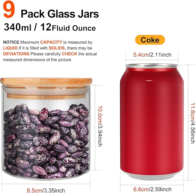 Glass Food Storage Containers Jars with Airtight Bamboo Lid 12 oz 9 pcs, 340 ml Pantry Organization Jar, Glass Terrarium with Lid, Spice, Flour and Sugar Container, Canister Set for Kitchen Counter