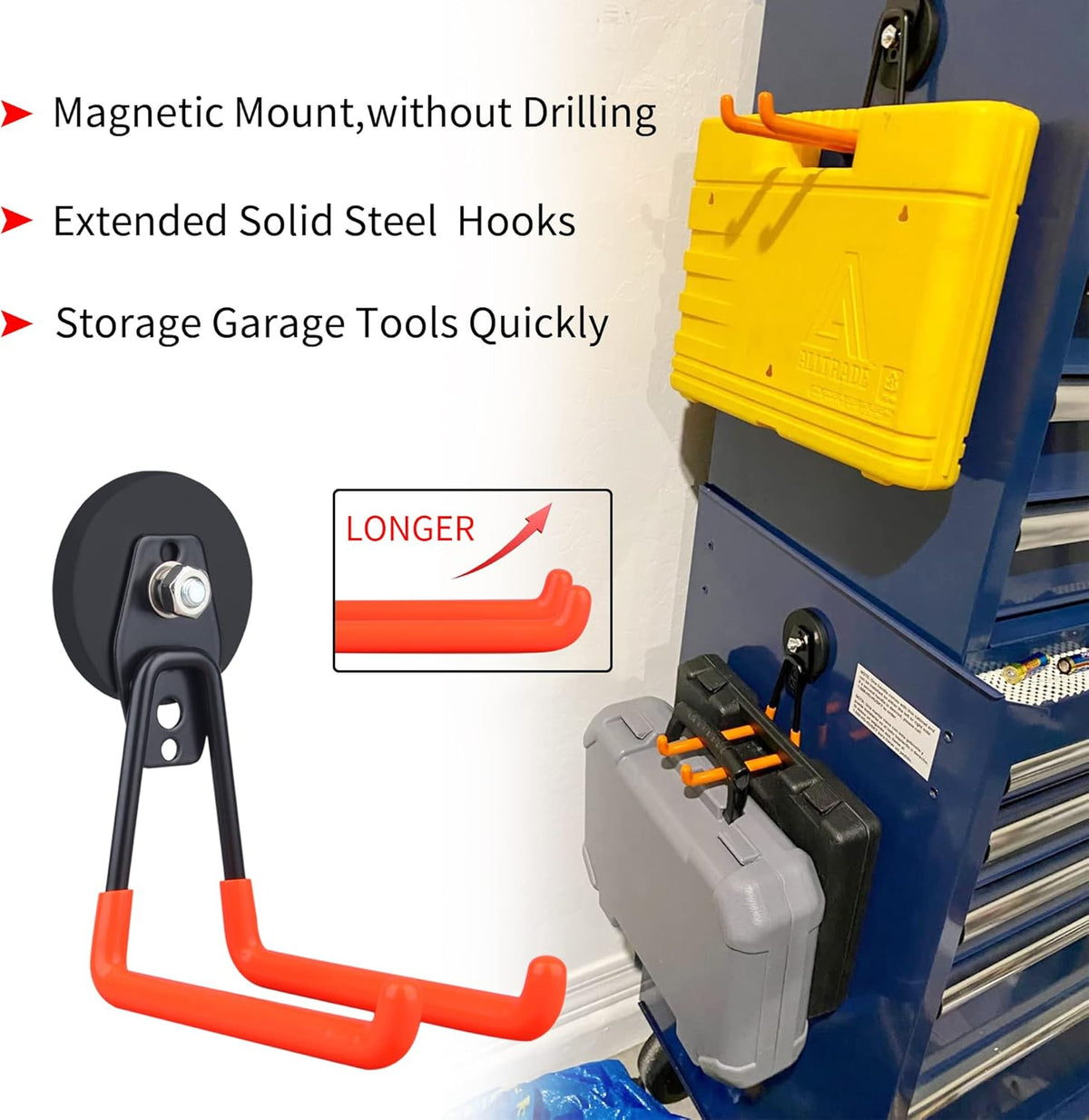 MUTUACTOR Magnetic Hooks,2PCS Storage Magnetic Hooks Heavy Duty Anti-Slide Garage Hanger Magnetic Mounting,Garage Organization for Power Drill,Garden Tools,Hose,Tool Chest,Steel Pegboard,Workshop