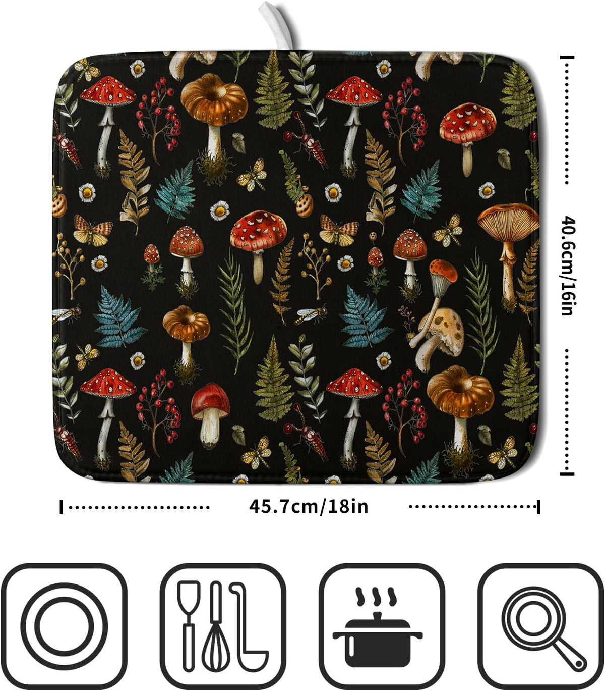 Mushroom Forest Dish Drying Mat Fern Leaves Black Drainer Mat for Kitchen Countertop 16 X 18 Inch