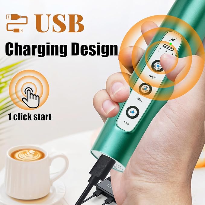 Nahida Green Milk Frother Wand for Coffee, Frother Handheld Rechargeable Electric Whisk with 3 Heads 3 Speeds Drink Mixer Coffee Frother Foam Maker For Latte, Cappuccino, Hot Chocolate, Egg