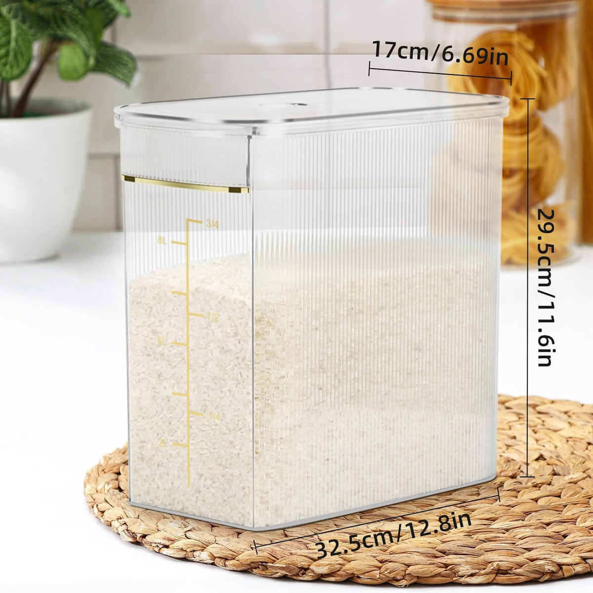 Rice Storage Container 15-20 Lbs, Tall & Narrow Food Storage Container with Measuring Scoop for Dry Goods Rice Flour Pet Food Bath Salt Storage, Clear Plastic Bin with Lid for Pantry Storage
