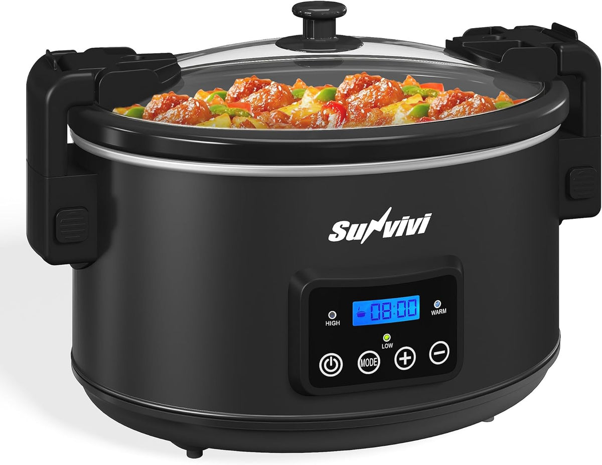 Sunvivi 8.5 Quart Programmable Slow Cooker: Multi-Cooker Food Warmer with Locking Lid & Digital Timer, Adjustable Tempature Control, Dishwasher Safe, Perfect for Families and Gatherings, Black