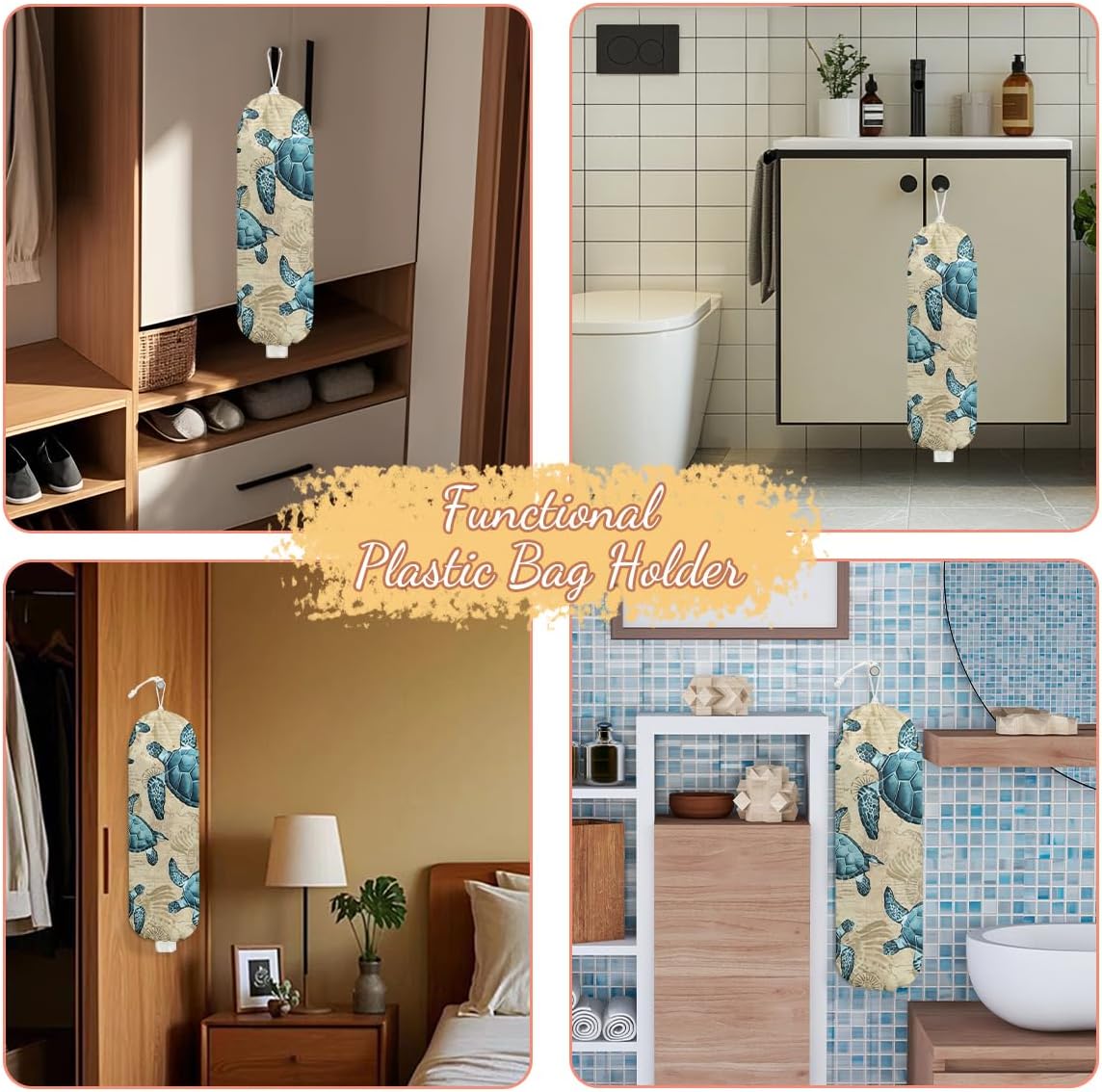 Sea Turtle Plastic Bag Holder, Wall Mount Grocery Bag Holder, Plastic Storage bag, Pull Rope Free Adjustment, Plastic Bag Holders for Grocery Bags, Plastic Bag Dispenser for Home Kitchen