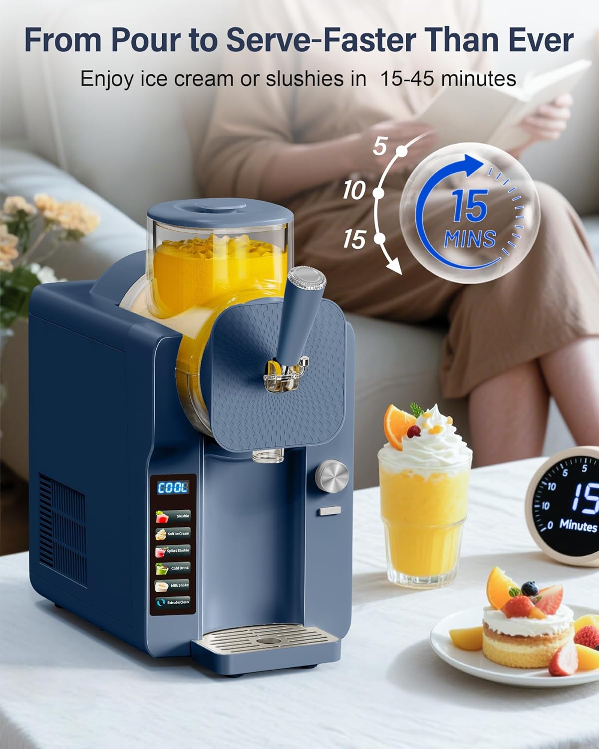 2-in-1 Slush and Ice Cream Maker - 6 Modes for Smoothies, Milkshakes, Cocktails, Margaritas, and Ice Cream, Double-Layer Tank, Ice Cream Cone Holder, Self-Cleaning - Perfect for Home Use