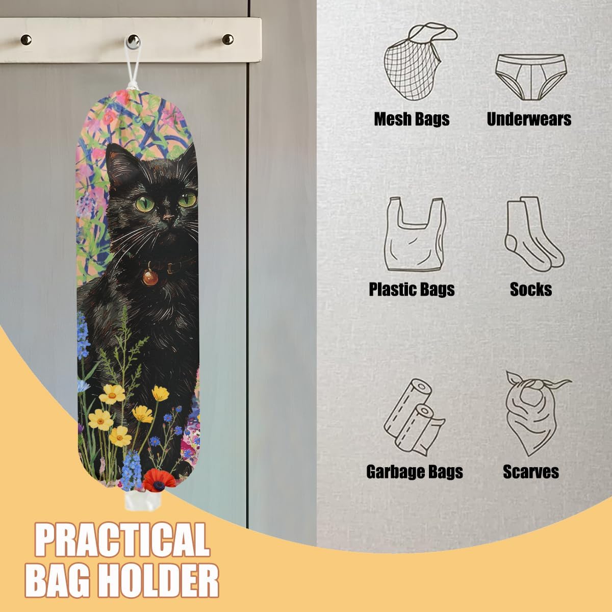 Flower Cat Plastic Bag Holder, Wall Mount Grocery Bag Holder, Plastic Storage bag, Pull Rope Free Adjustment, Plastic Bag Holders for Grocery Bags, Cat Lover Plastic Bag Dispenser for Home Kitchen