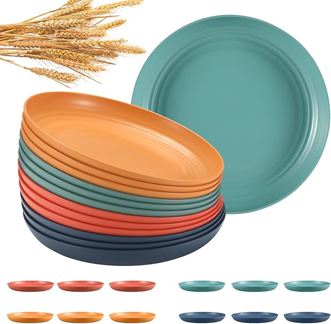 12 Pcs Unbreakable Deep Dinner Plates Set, 10 inch Reusable Plastic Wheat Straw Plates, Microwave and Dishwasher Safe Plate for Kitchen, Lightweight Plate for Dessert, BPA Free, 4 Colors