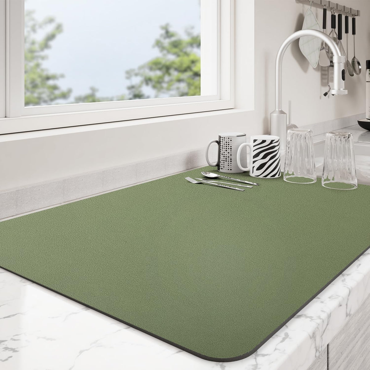 Dish Drying Mat for Kitchen Counter | Coffee Bar Mat for Countertops | Heat Resistant Drainer Mat with Non-slip Rubber Backed | Hide Stain Kitchen Absorbent Draining Mat | Green 16"x18"