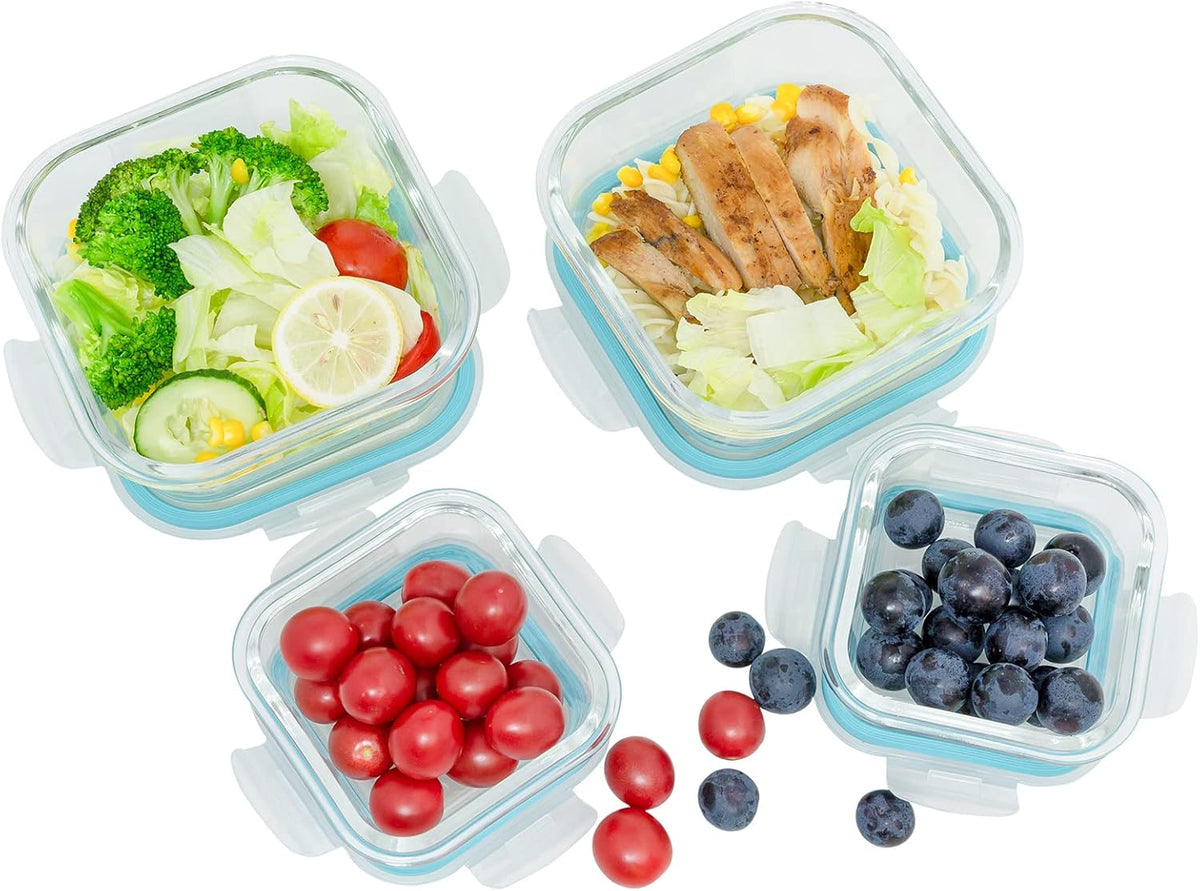 Glass Food Storage Containers with Lids Airtight 4 Pack, Glass Storage Containers with Lids for Food, Not Easy Broken & Leak Proof, Glass Containers with Lids for Oven/Dishwasher Safe, Blue