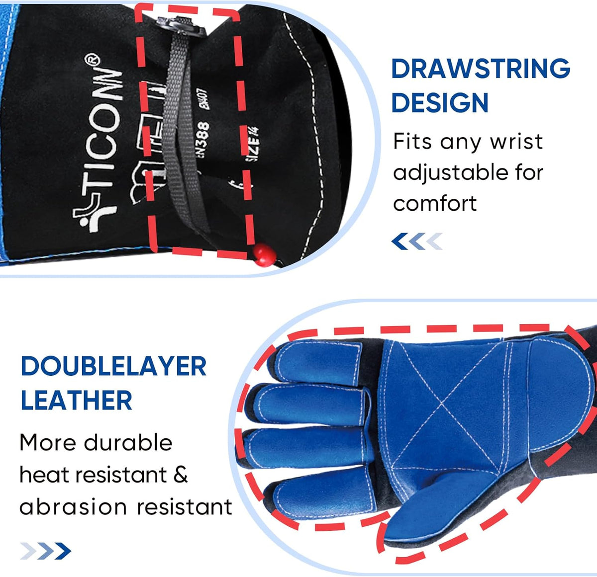 TICONN Welding Gloves, 16 IN L/XL/XXL 1000°F Heat-Resistant Fireproof Leather Gloves for Welders, Stick, Forge, Mig, Tig, BBQ
