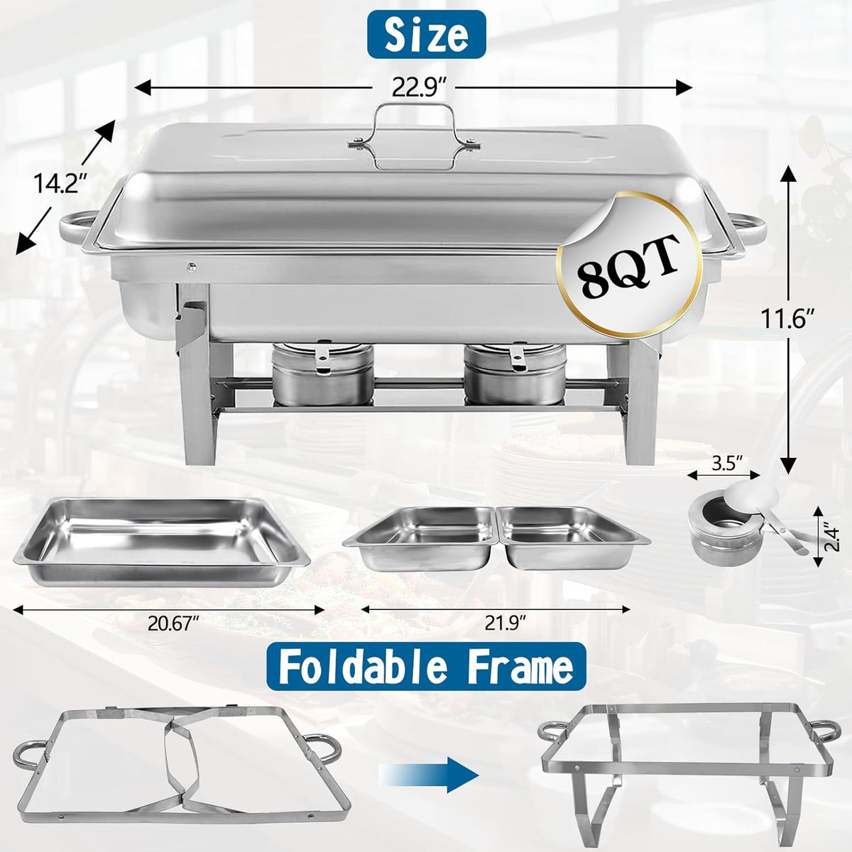 Chafing Dish for Buffet, 2 Pack Stainless Steel Chafing Servers Food Warmer Set with 8QT Half Size Food Pan for Kitchen Party Banquet Dining