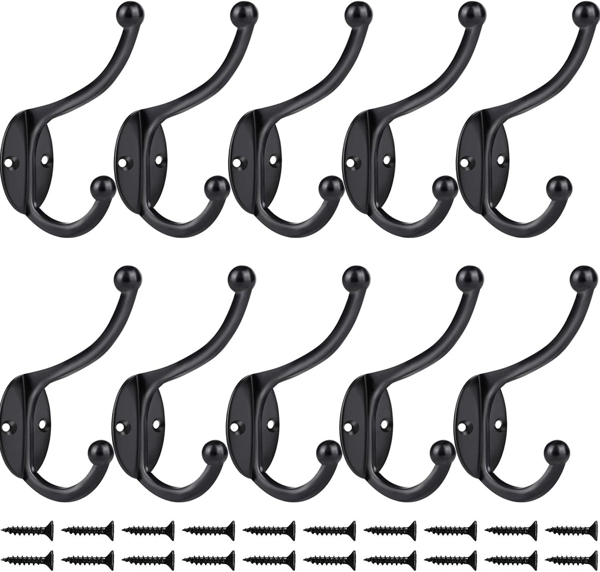 ZEYU Wall Hooks,10Pcs Coat Hooks Hardware Towel Hooks for Hanging Coats Double No Rust Black Robe Hooks Wall Mounted with Screws for Key, Towel, Bags, Cup, Hat