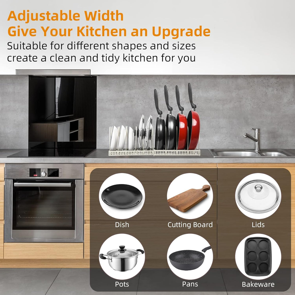 ROOHUA Pot Rack - Expandable Pot & Pan Organizer for Cabinet, 10 Adjustable Compartments (Apricot, 10)