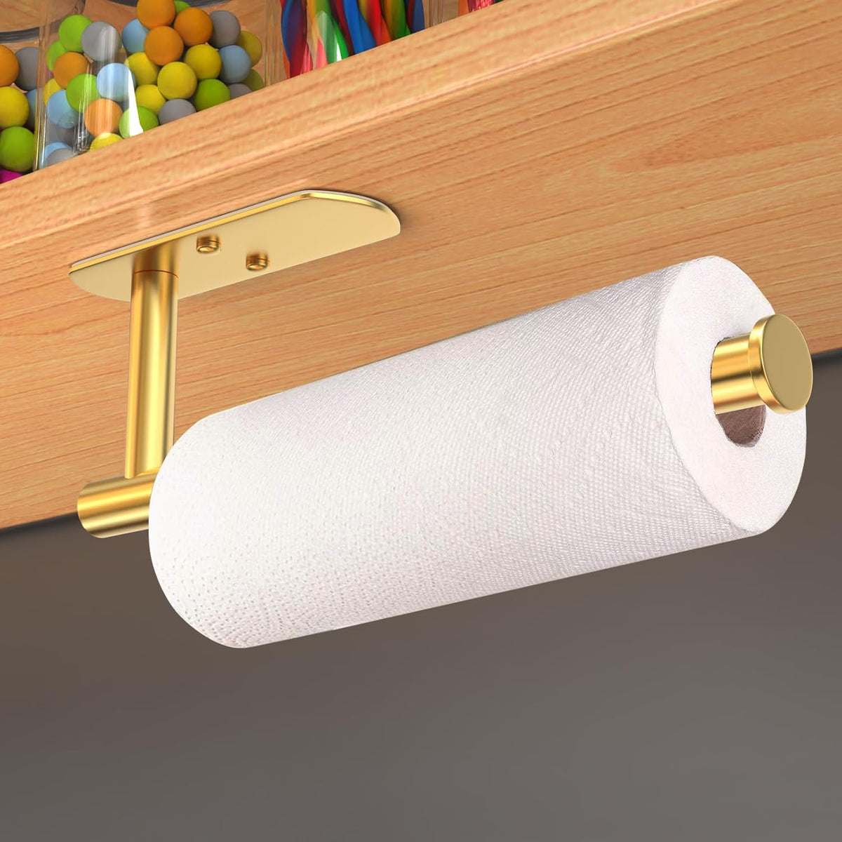 VAEHOLD Adhesive Paper Towel Holder Under Cabinet Wall Mount for Kitchen Paper Towel, Paper Towel Roll Holder Stick to Wall, Stainless Steel (Gold)