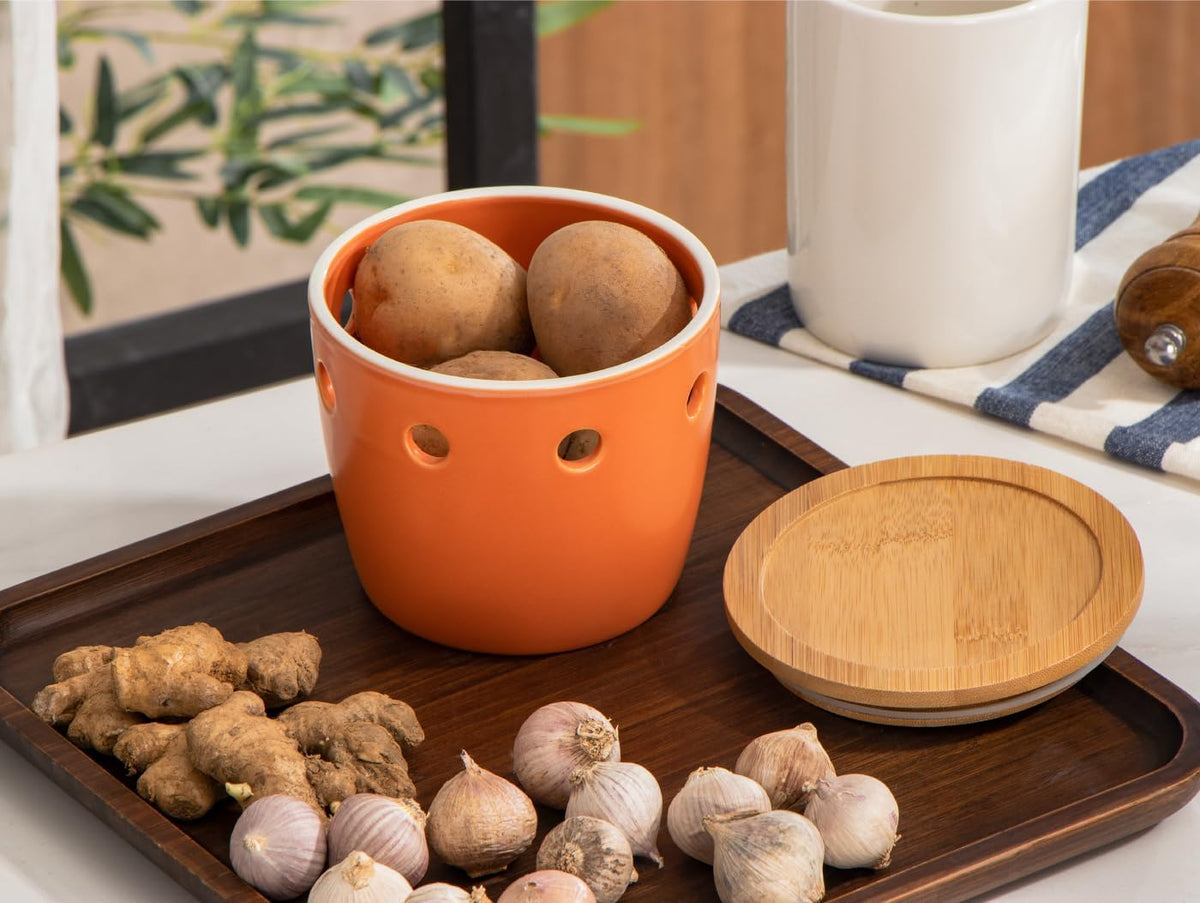 ONEMORE Large Garlic Keeper with Lid, Ceramic Garlic Saver 5 inch, Garlic Keeper for Counter, Orange