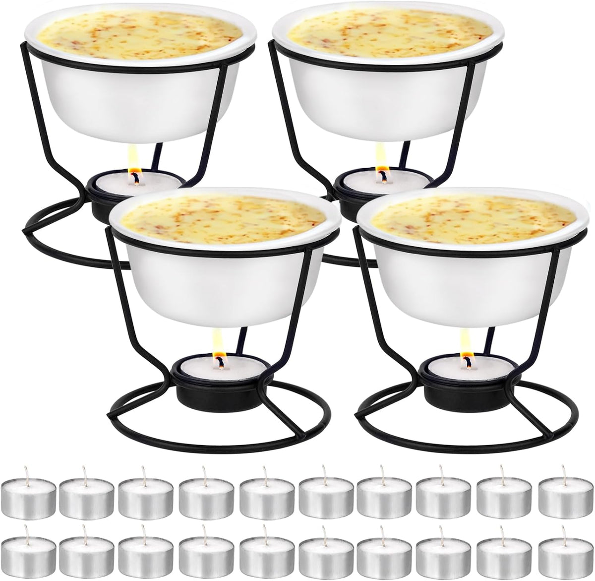 4Pcs Fondue Pot Set for Chocolate Butter Cheese, 5oz Butter Warmer for Seafood with 20 Tealight, Ceramic Bowl Oven Microware Dishwasher Safe,Perfect for family dip Fruit,Dessert,Snack