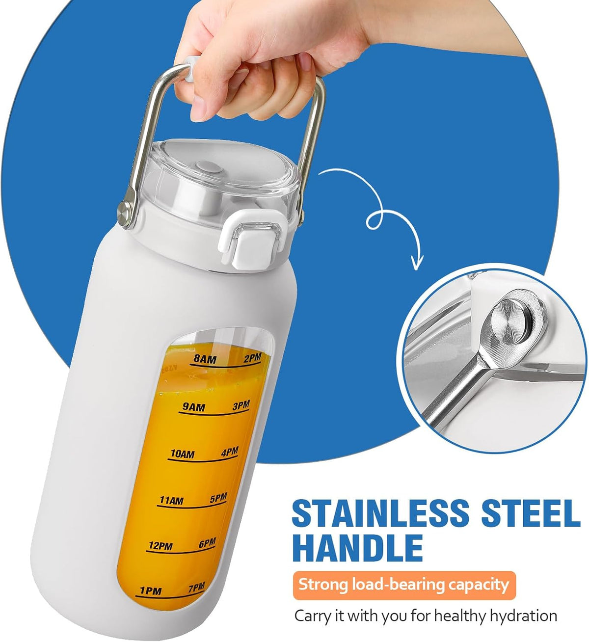 kytffu 64 oz Glass Water Bottle with Straw and Stainless Steel Handle, Half Gallon Water Bottle with Silicone Sleeve and Time Marker, 2L Large Glass Bottle for Gym, School, Travel, Leak-proof (White)