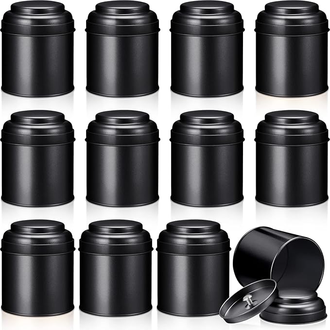 Meanplan 12 Pcs Tea Tin Canister with Airtight Double Lids Round Tin Can Box Small Kitchen Tea Canister Loose Leaf Storage Containers for Loose Bags Coffee Sugar Candy Spices(Black,8 oz)