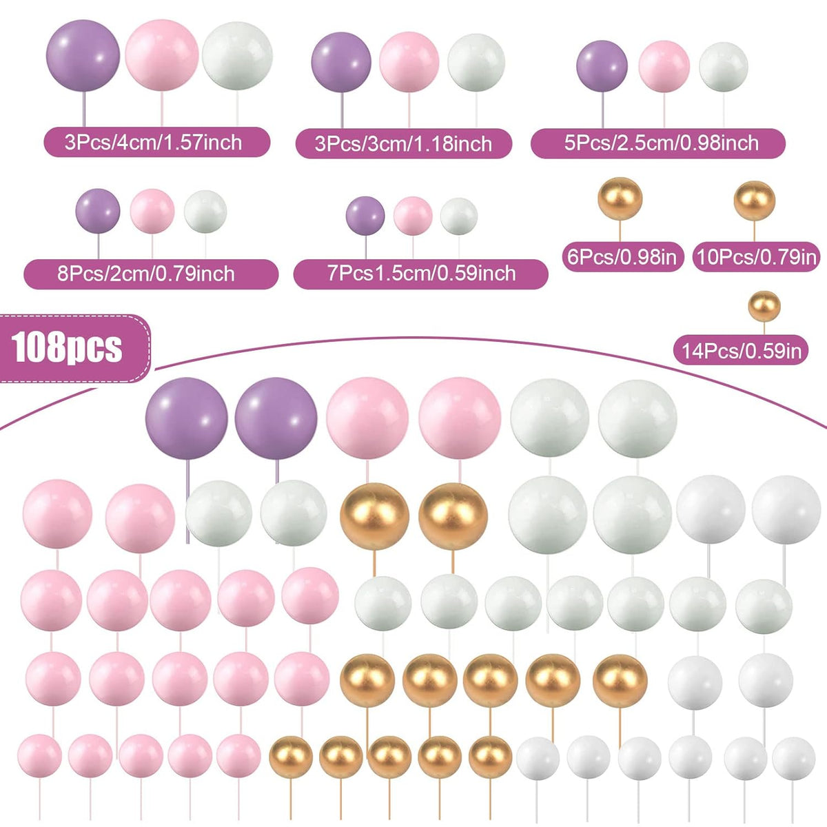 108 Pcs Balls Cake Topper DIY Cupcake Insert Foam Balloons for Cake Baking Wedding Anniversary Birthday Decoration(Pink, Purple, White, Gold,Multi Sizes)