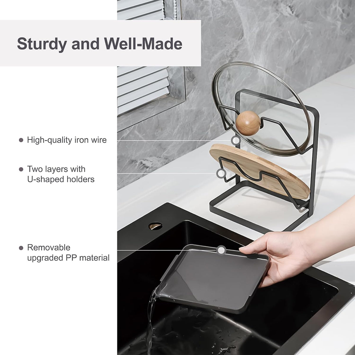 Pot Lid Holder While Cooking, Kitchen Spoon Rest with Lid Holder for stove top, Multifunctional Kitchen Pot Lid Organizer for Countertop (Iron,Dark Grey)